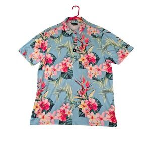 Bad Birdie Mens XL Tropical Floral Golf Polo Shirt Blue Pink Bird of Paradise